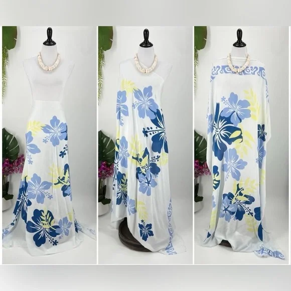 White Blue Yellow Tropical Hibiscus MAXI SARONG Kīkepa Pareo Beach Wrap Skirt - Picture 1 of 4